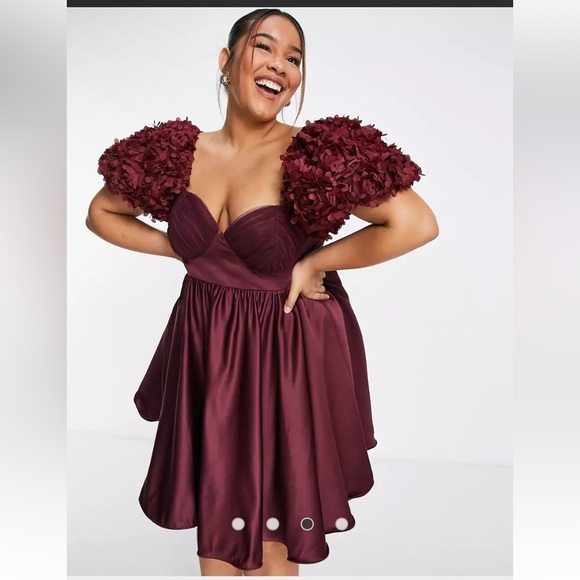 ASOS Curve Dresses & Skirts - ASOS LUXE Curve 3D floral satin wired baby doll mini dress in wine